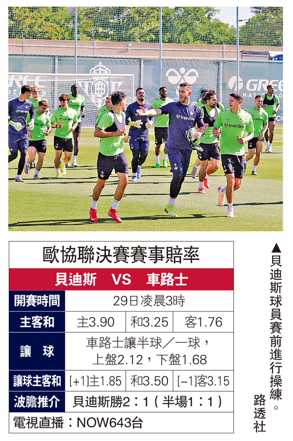 圖:貝迪斯球員賽前進行操練。\路透社