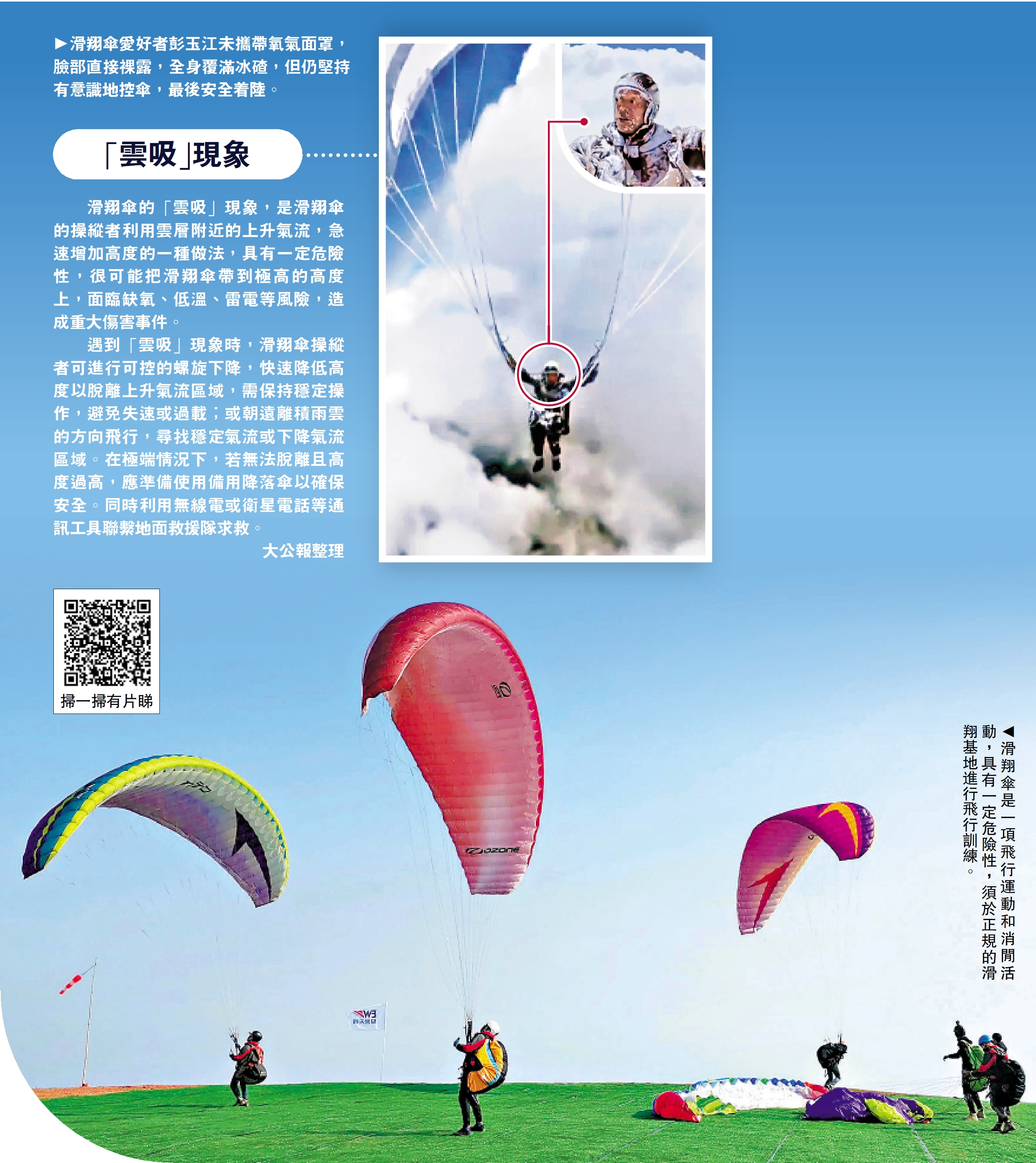 上圖:滑翔傘愛好者彭玉江未攜帶氧氣面罩,臉部直接裸露,全身覆滿冰碴,但仍堅持有意識地控傘,最後安全着陸。下圖:滑翔傘是一項飛行運動和消閒活動,具有一定危險性,須於正規的滑翔基地進行飛行訓練。