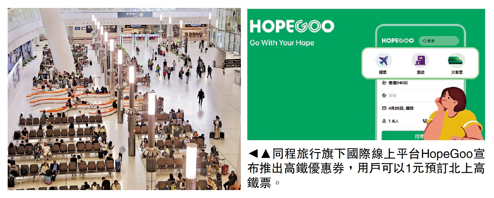 圖:同程旅行旗下國際線上平台HopeGoo宣布推出高鐵優惠券,用戶可以1元預訂北上高鐵票。