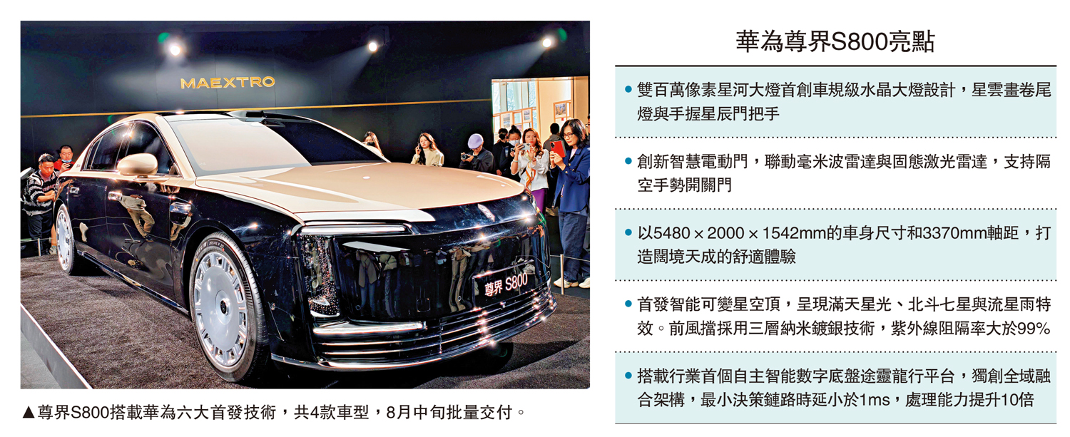 圖:尊界S800搭載華為六大首發技術,共4款車型,8月中旬批量交付。