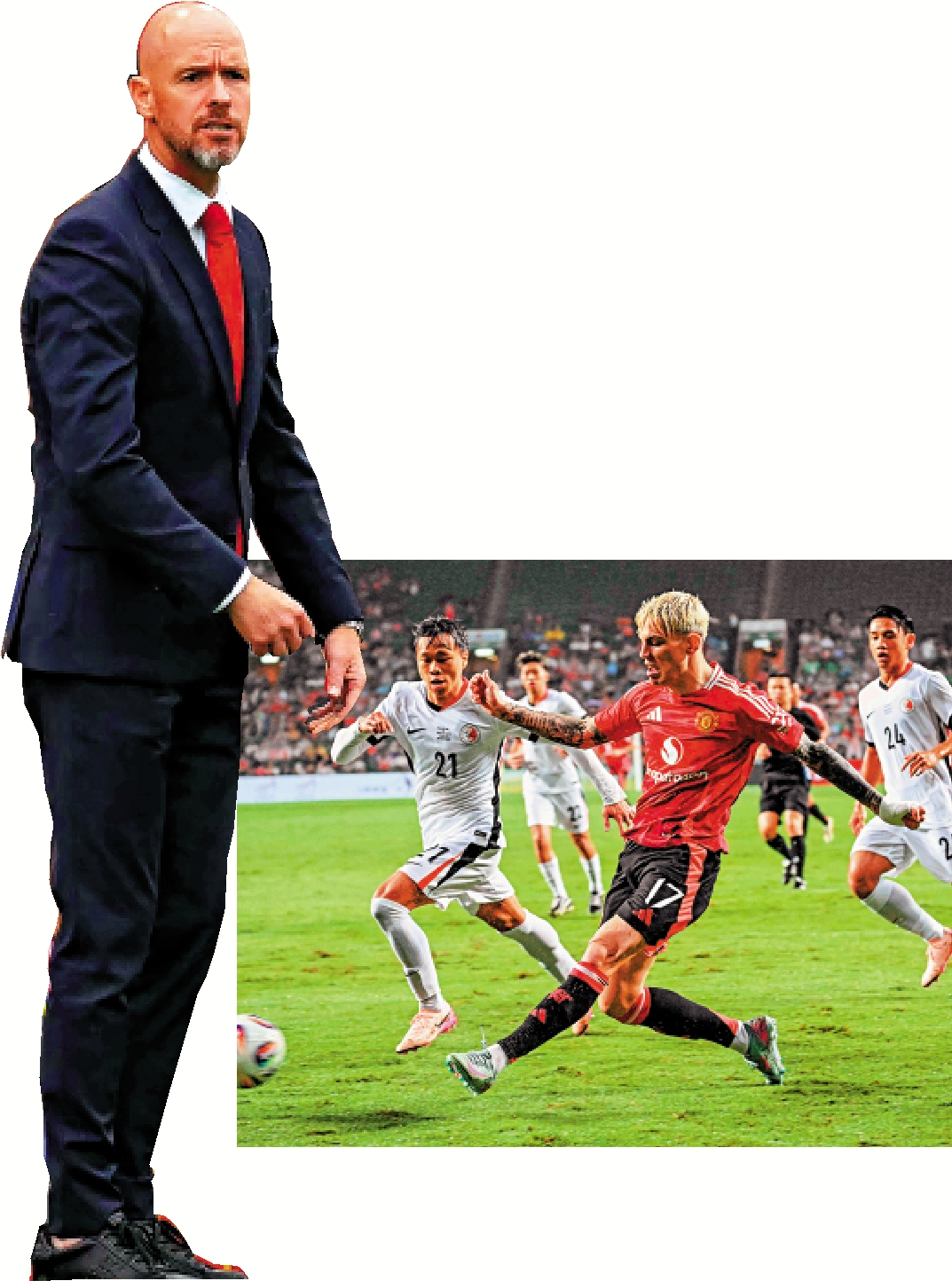 　　左圖：利華古遜教練坦哈格。右圖：坦哈格有意將曼聯舊部加拿祖（前）收歸旗下。\法新社