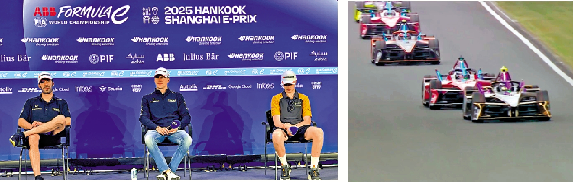 　　左圖：第一回合前三名車手賽後接受採訪。\大公報記者夏微攝；右圖：昨日上演第一回合比賽。\網上圖片