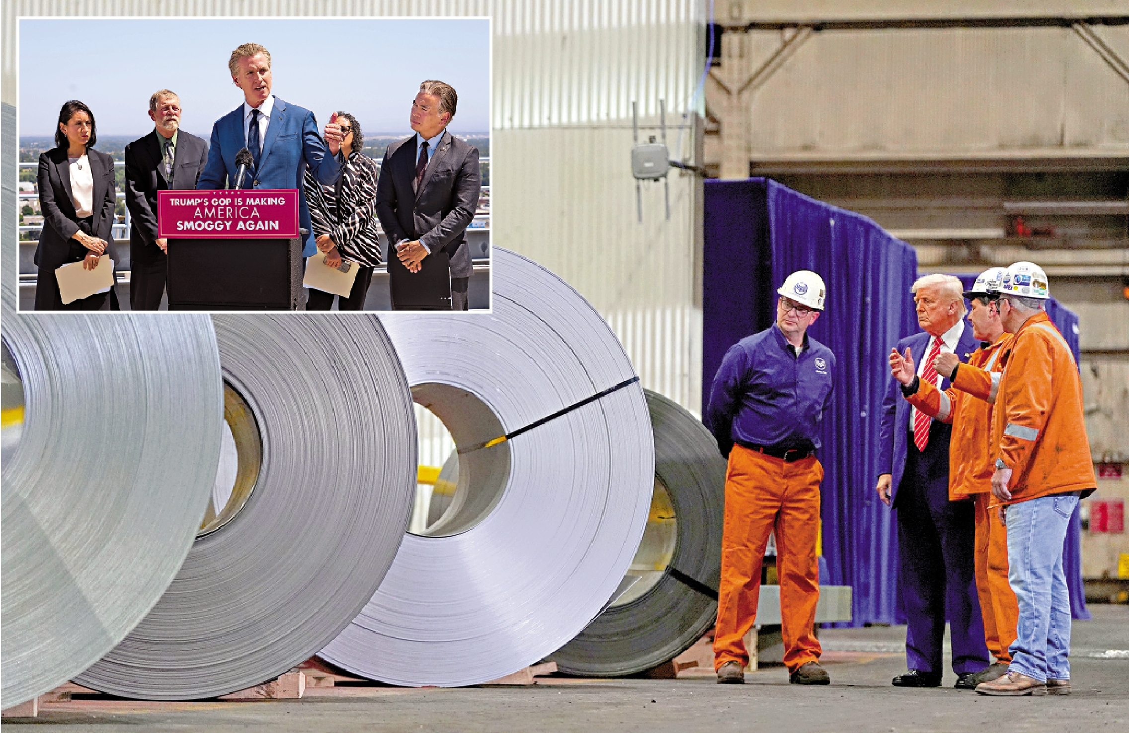 　　左圖：加州州長紐森多次批評特朗普關稅政策。\美聯社；右圖：特朗普（左二）參觀美國鋼鐵公司位於賓夕法尼亞州的一間工廠。\美聯社