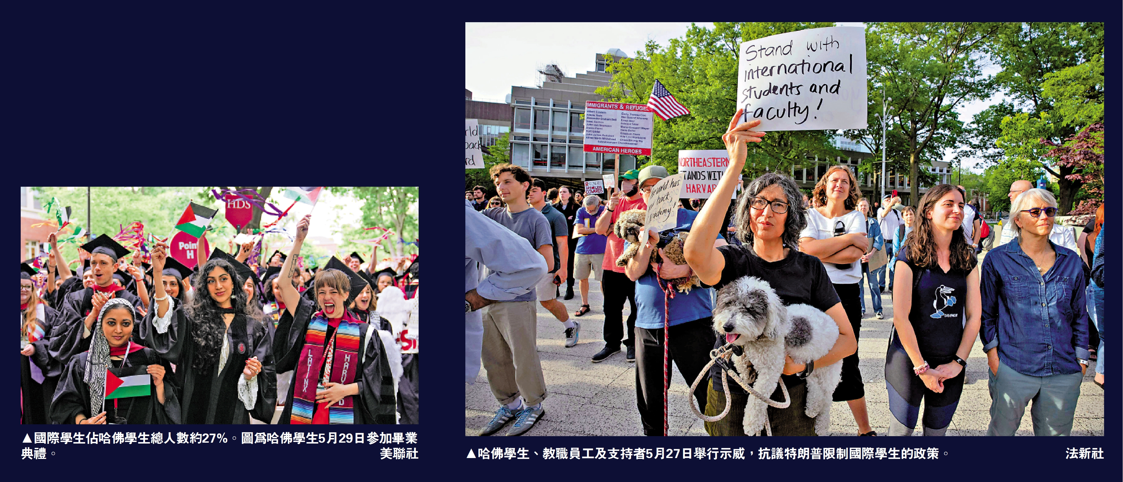 左圖:國際學生佔哈佛學生總人數約27%。圖為哈佛學生5月29日參加畢業典禮。\美聯社;右圖:哈佛學生、教職員工及支持者5月27日舉行示威,抗議特朗普限制國際學生的政策。\法新社