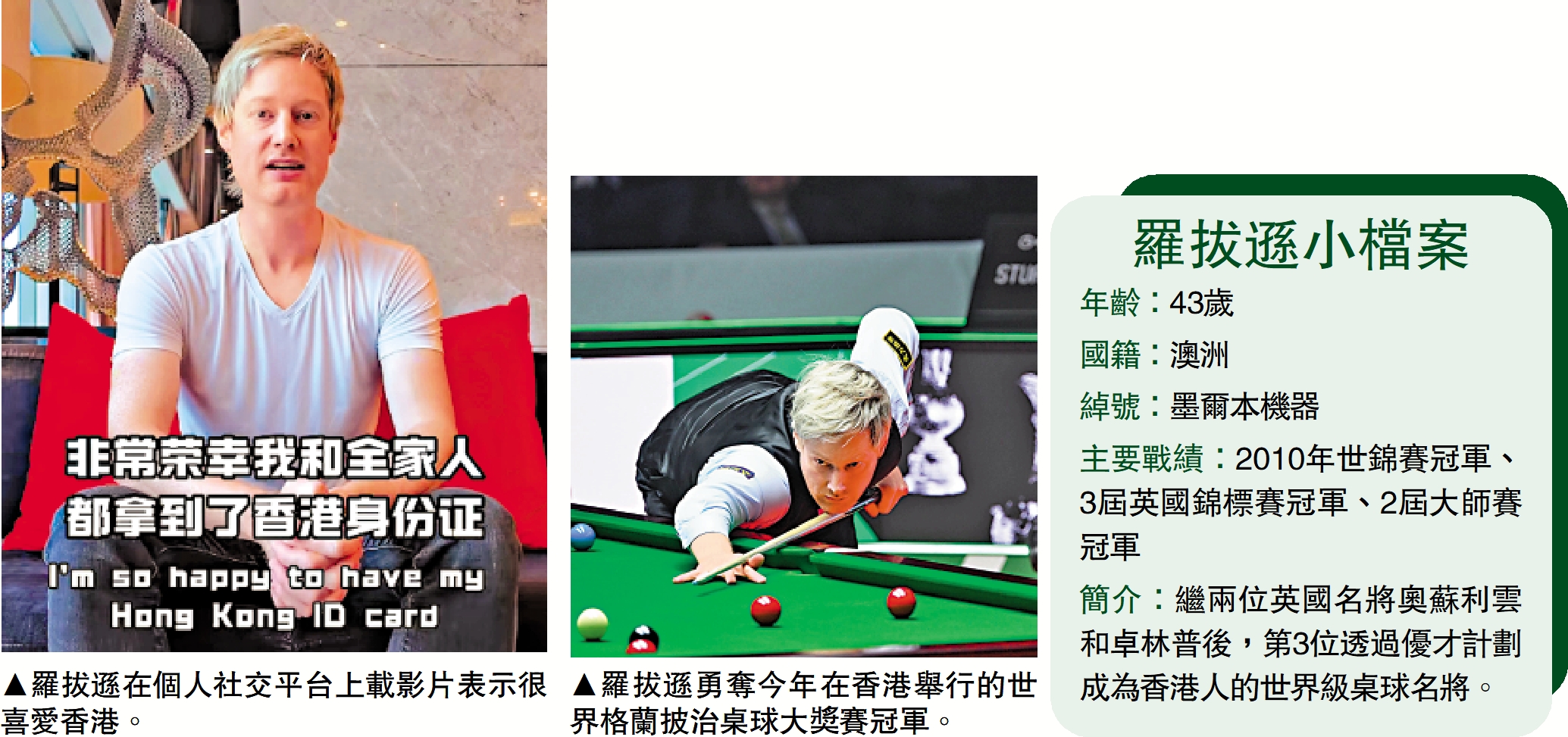 　　左圖：羅拔遜在個人社交平台上載影片表示很喜愛香港。右圖：羅拔遜勇奪今年在香港舉行的世界格蘭披治桌球大獎賽冠軍。