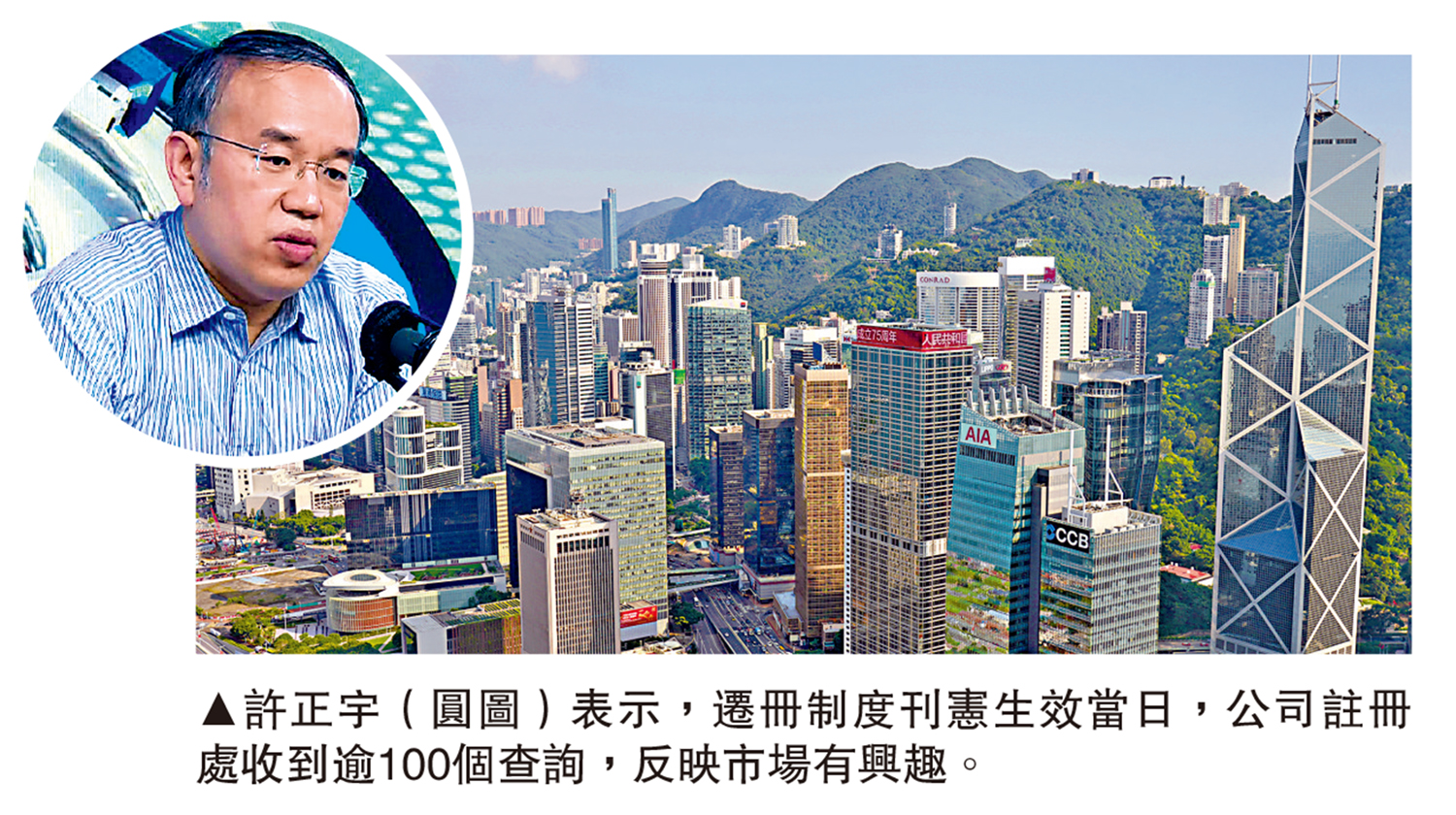 圖:許正宇(圓圖)表示,遷冊制度刊憲生效當日,公司註冊處收到逾100個查詢,反映市場有興趣。