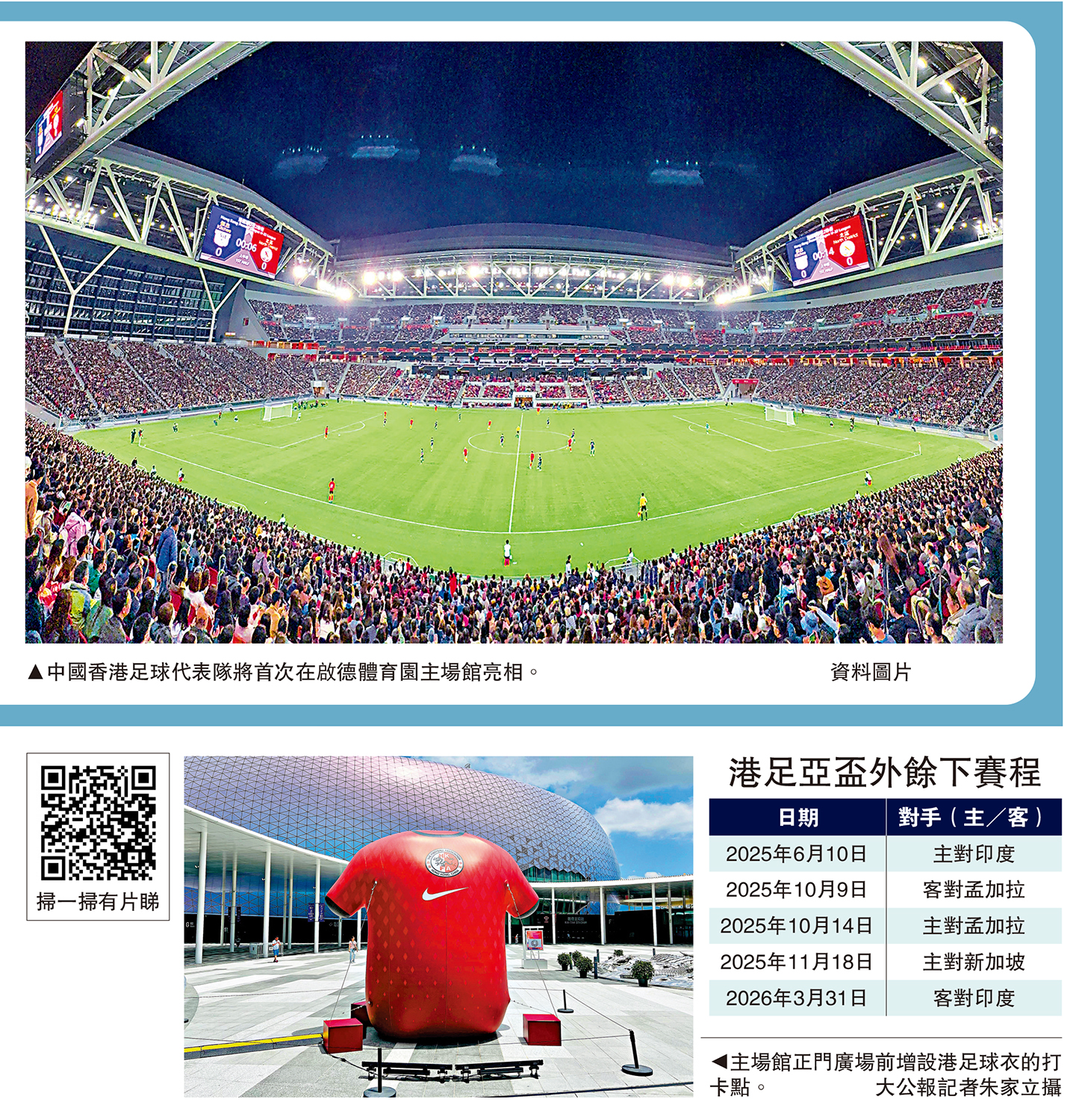 上圖:中國香港足球代表隊將首次在啟德體育園主場館亮相。\資料圖片;下圖:主場館正門廣場前增設港足球衣的打卡點。\大公報記者朱家立攝