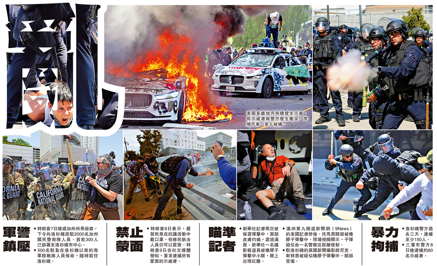 圖:美國多處地方持續發生示威,有示威者與警方發生衝突,焚燒汽車,多人被捕。