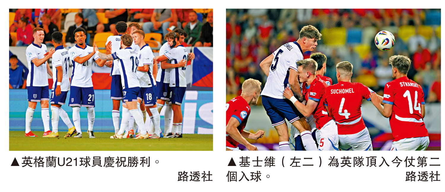 左圖:英格蘭U21球員慶祝勝利。;右圖:基士維(左二)為英隊頂入今仗第二個入球。\路透社