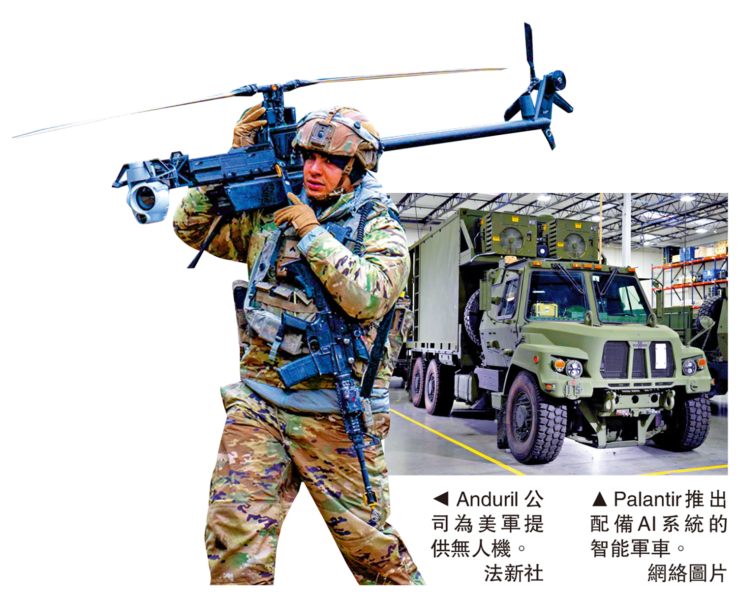 左圖:Anduril公司為美軍提供無人機。\法新社;右圖:Palantir推出配備AI系統的智能軍車。\網絡圖片