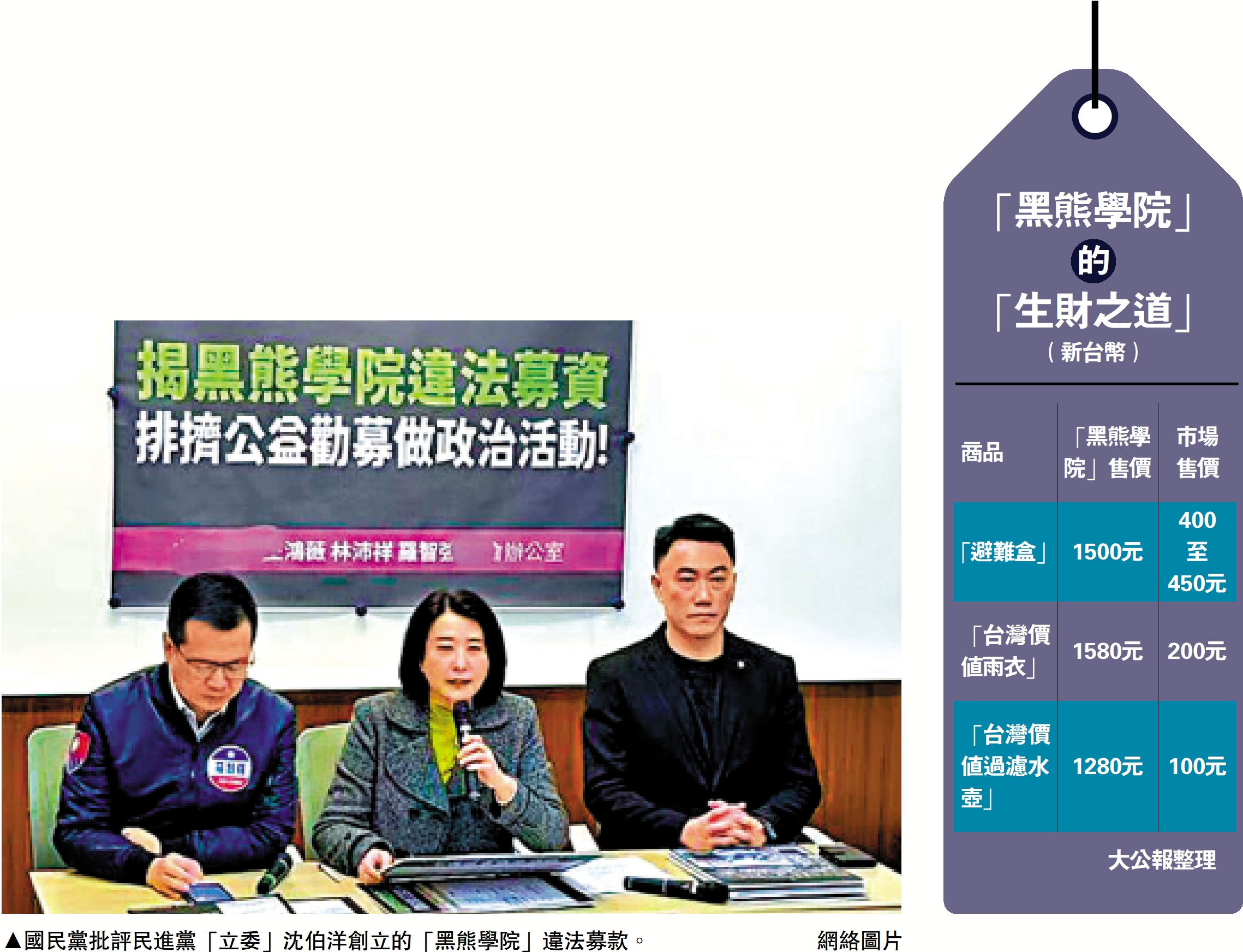 圖:國民黨批評民進黨「立委」沈伯洋創立的「黑熊學院」違法募款。\網絡圖片