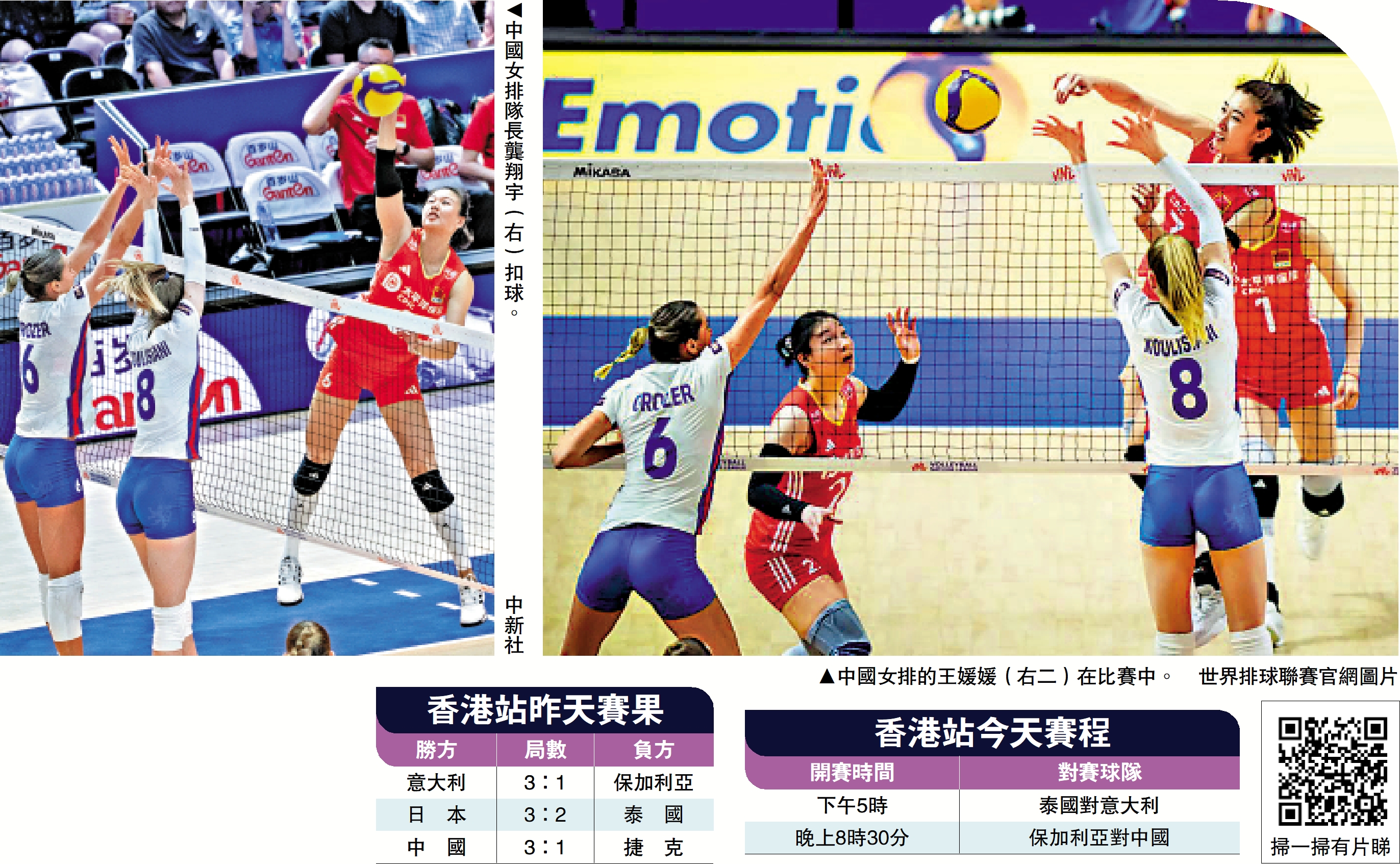 左圖:中國女排隊長龔翔宇(右)扣球。\中新社;右圖:中國女排的王媛媛(右二)在比賽中。\世界排球聯賽官網圖片