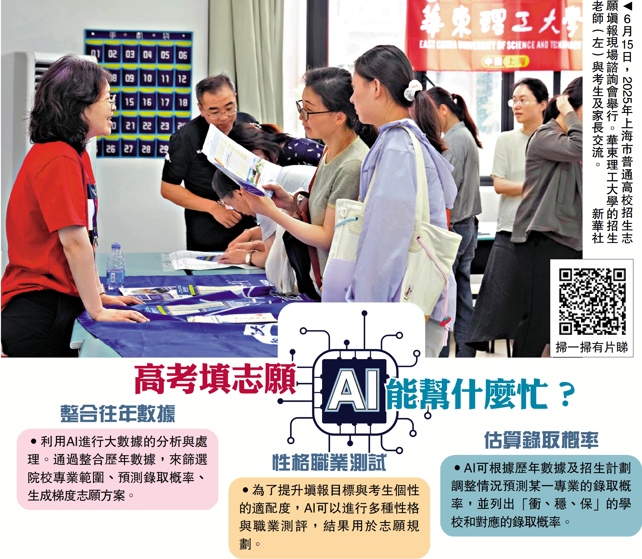 圖:6月15日,2025年上海市普通高校招生志願填報現場諮詢會舉行。華東理工大學的招生老師(左)與考生及家長交流。\新華社
