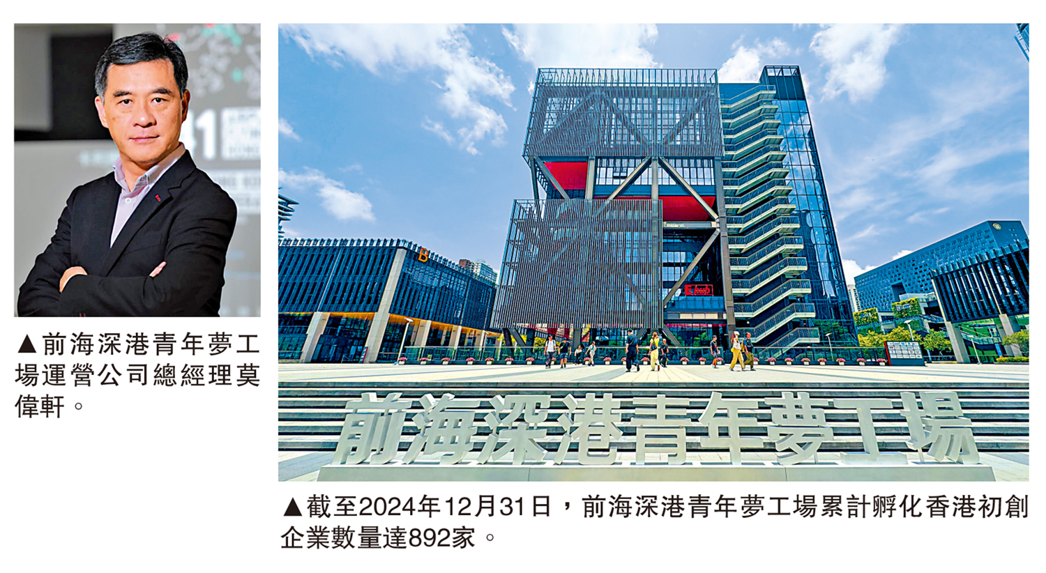 　　左圖：前海深港青年夢工場運營公司總經理莫偉軒。右圖：截至2024年12月31日，前海深港青年夢工場累計孵化香港初創企業數量達892家。