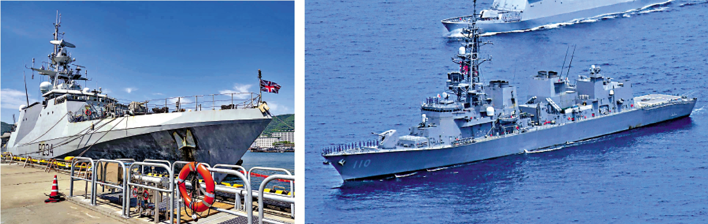 左圖:過航台灣海峽的英國「斯佩」號近岸巡邏艦本月較早前停靠日本佐世保。右圖:日本海上自衛隊驅逐艦「高波」號離開台海後,14日在南海與菲海軍進行聯合演習。