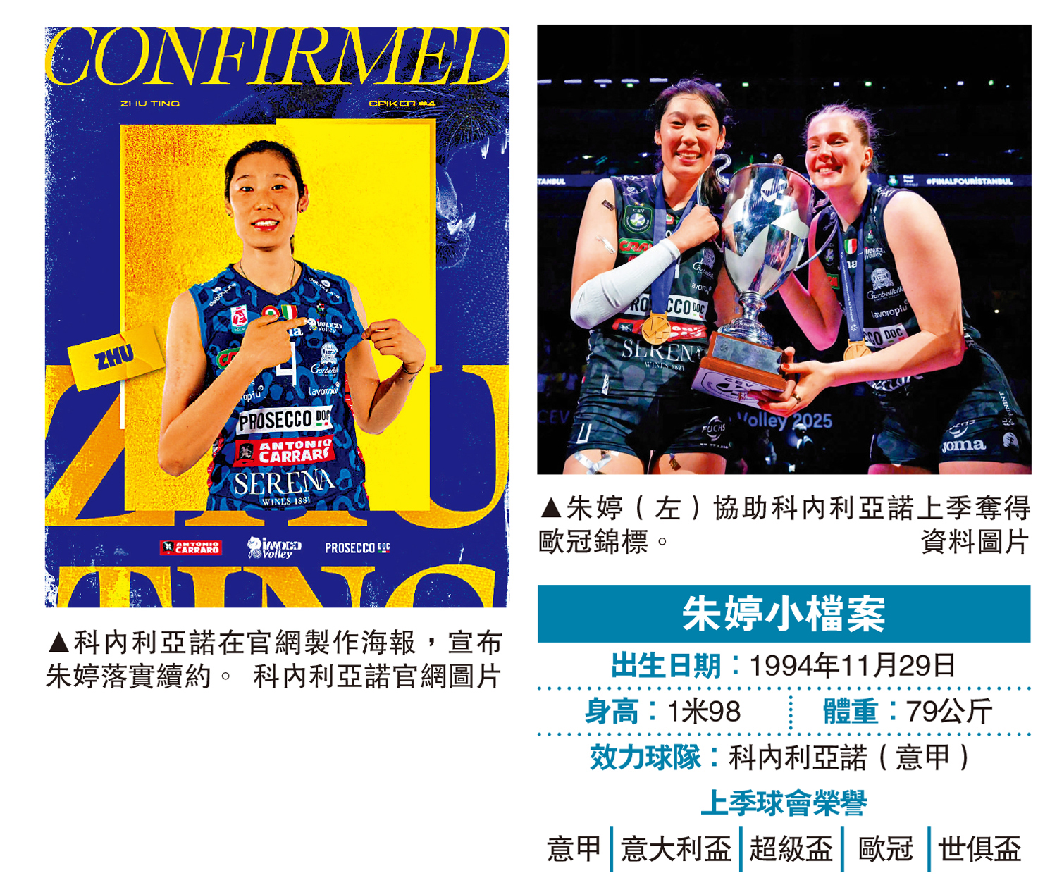 　　左圖：科內利亞諾在官網製作海報，宣布朱婷落實續約。\科內利亞諾官網圖片；右圖：朱婷（左）協助科內利亞諾上季奪得歐冠錦標。\資料圖片