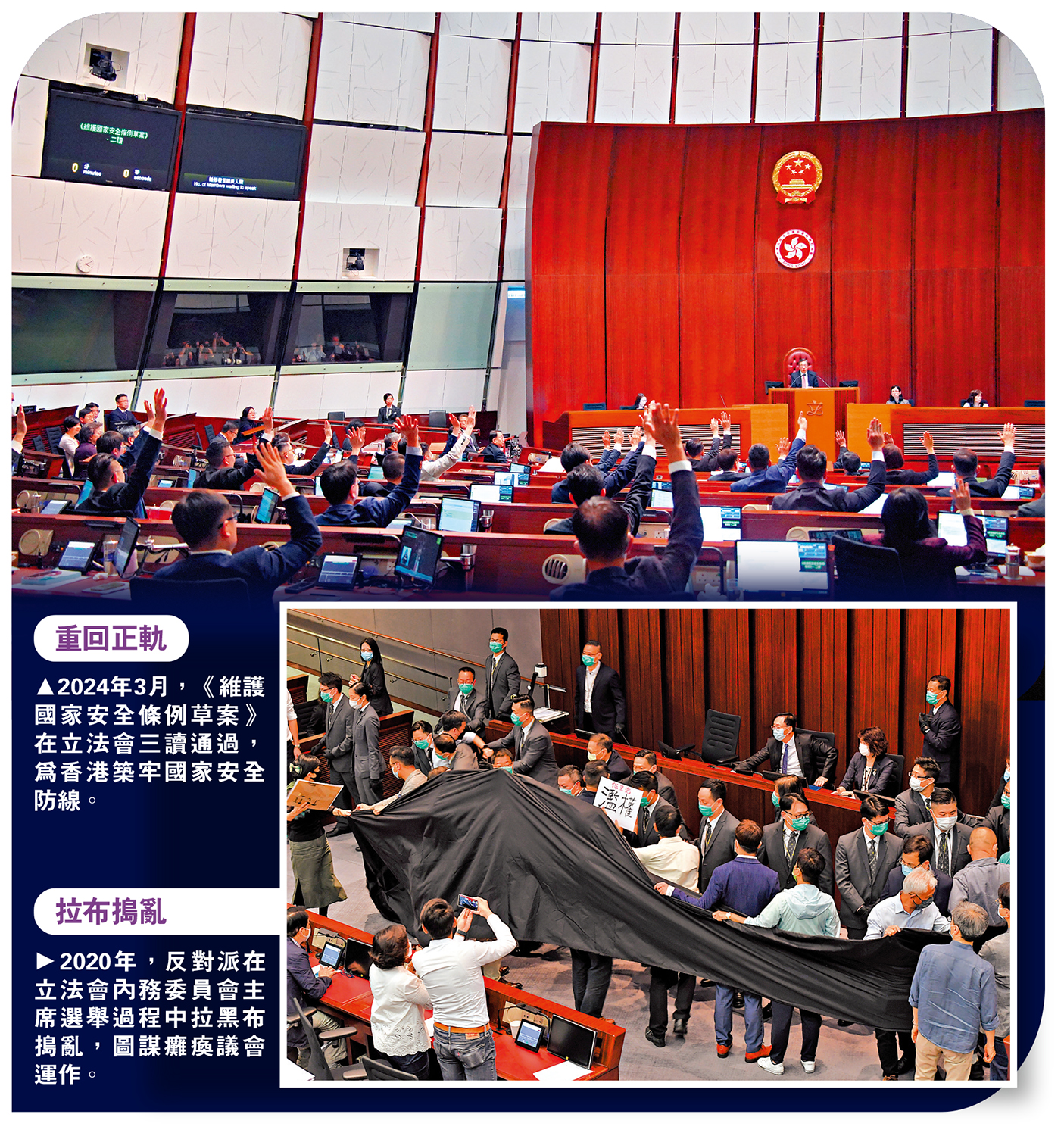 上圖:2024年3月,《維護國家安全條例草案》在立法會三讀通過,為香港築牢國家安全防線。下圖:2020年,反對派在立法會內務委員會主席選舉過程中拉黑布搗亂,圖謀癱瘓議會運作。