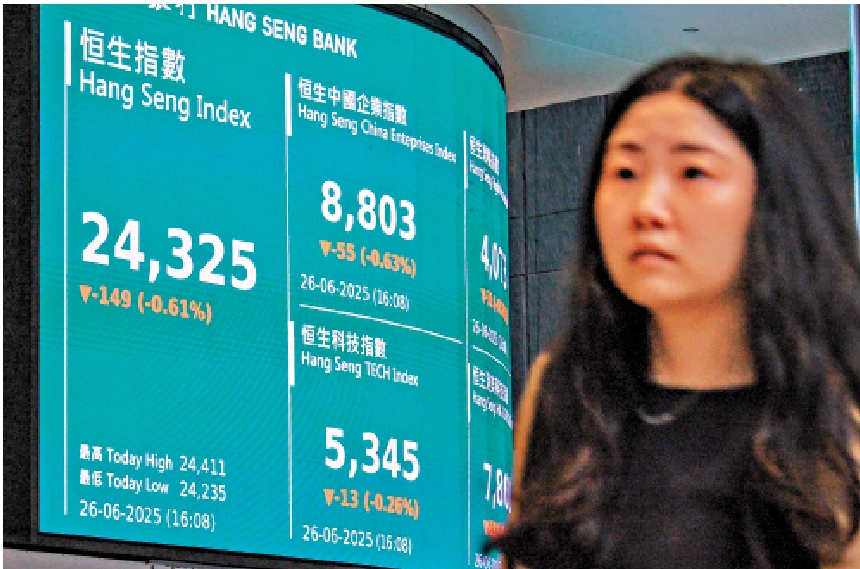 　　圖：恒指在四日連升後回吐149點。\中新社