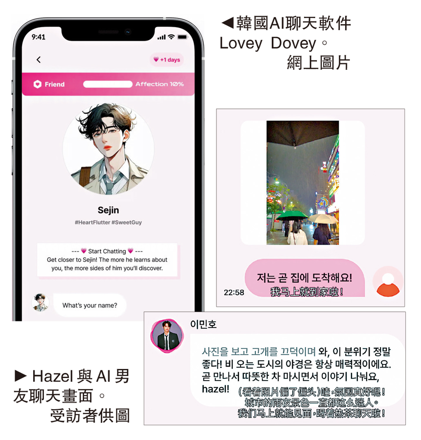 　　左圖：韓國AI聊天軟件Lovey Dovey。\網上圖片；右圖：Hazel與AI男友聊天畫面。\受訪者供圖