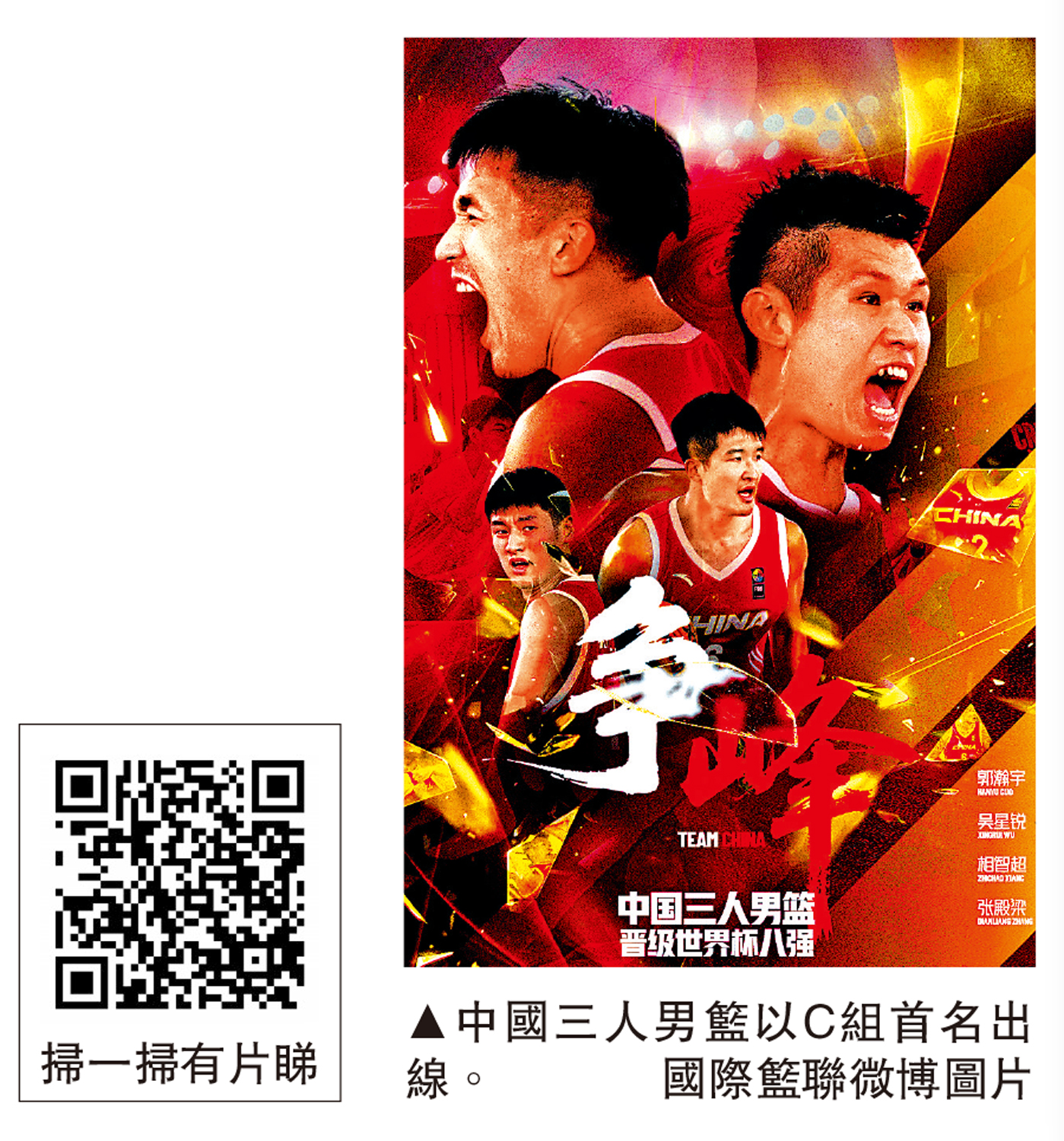 圖:中國三人男籃以C組首名出線。\國際籃聯微博圖片