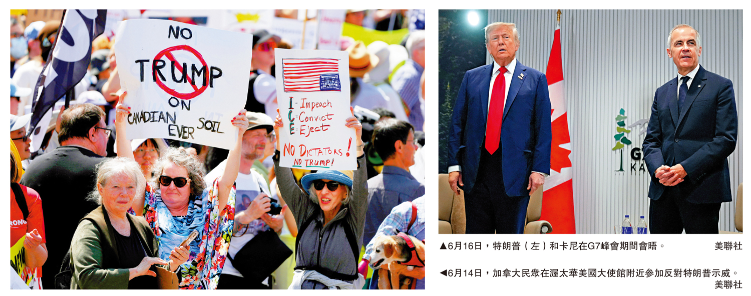 左圖:6月14日,加拿大民眾在渥太華美國大使館附近參加反對特朗普示威。右圖:6月16日,特朗普(左)和卡尼在G7峰會期間會晤。\美聯社