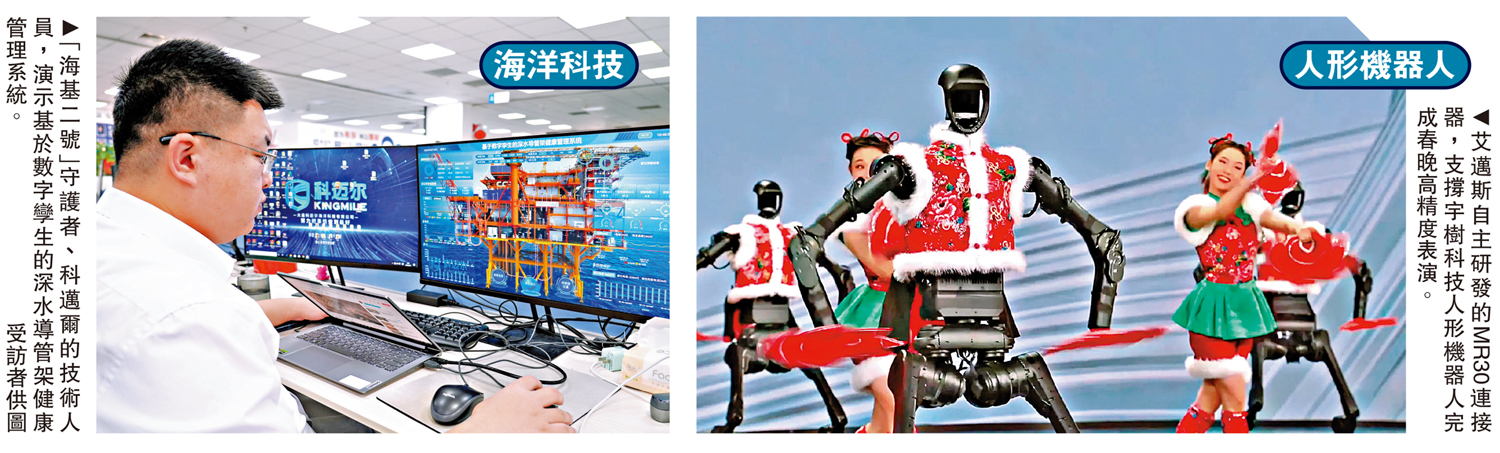 　　左圖：「海基二號」守護者、科邁爾的技術人員，演示基於數字孿生的深水導管架健康管理系統。\受訪者供圖；右圖：艾邁斯自主研發的MR30連接器，支撐宇樹科技人形機器人完成春晚高精度表演。