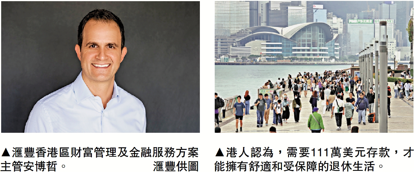 左圖:滙豐香港區財富管理及金融服務方案主管安博哲。\滙豐供圖;右圖:港人認為,需要111萬美元存款,才能擁有舒適和受保障的退休生活。