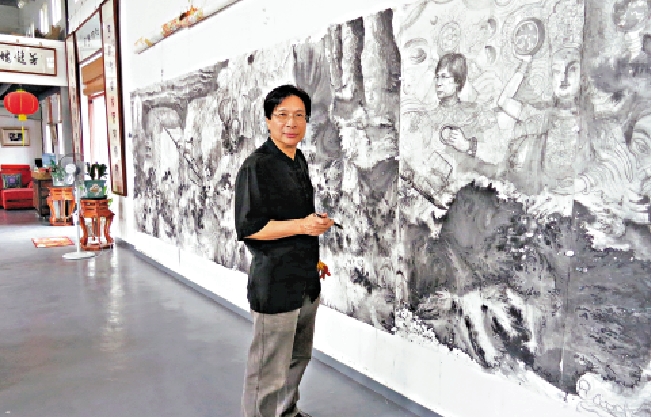 圖:畫家司徒乃鍾創作大畫。