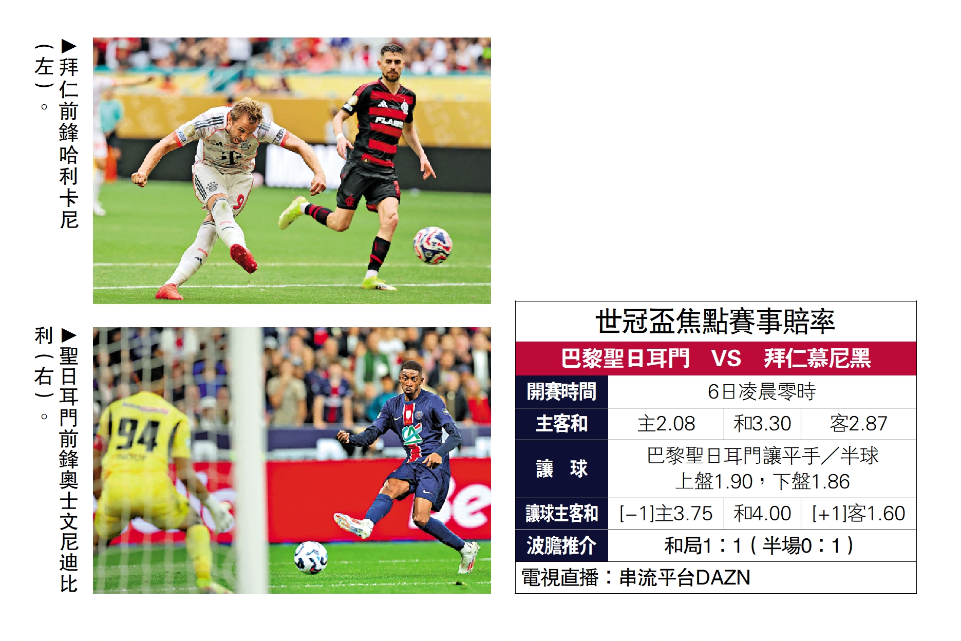 　　上圖：拜仁前鋒哈利卡尼（左）。下圖：聖日耳門前鋒奧士文尼迪比利（右）。