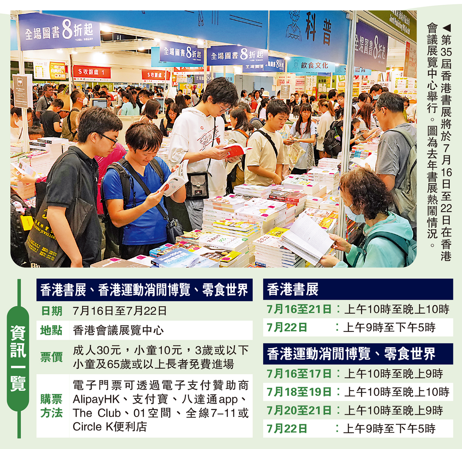 　　圖：第35屆香港書展將於7月16日至22日在香港會議展覽中心舉行。圖為去年書展熱鬧情況。