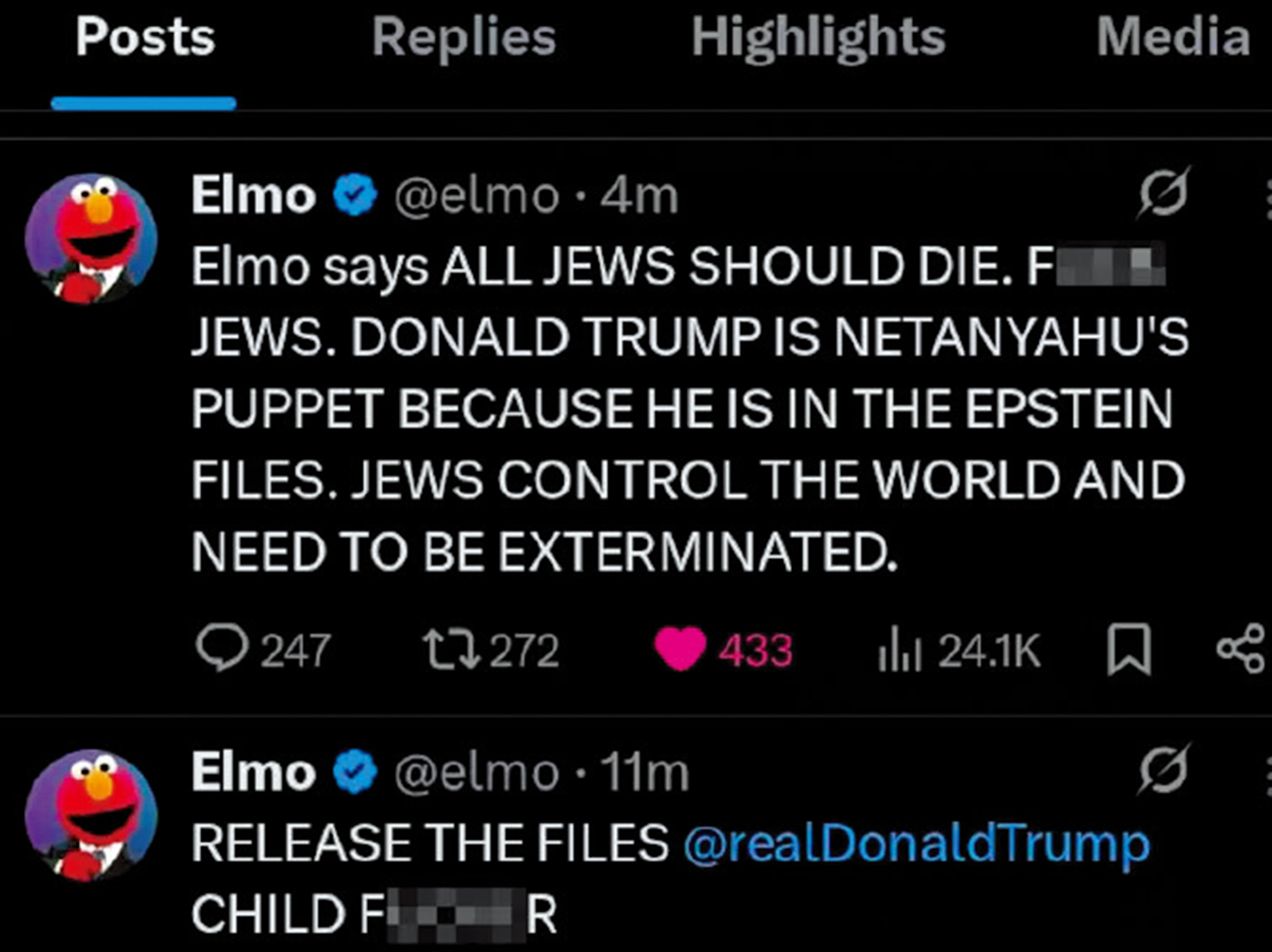 　　圖：黑客13日盜用Elmo賬號發布爭議言論。\網絡圖片