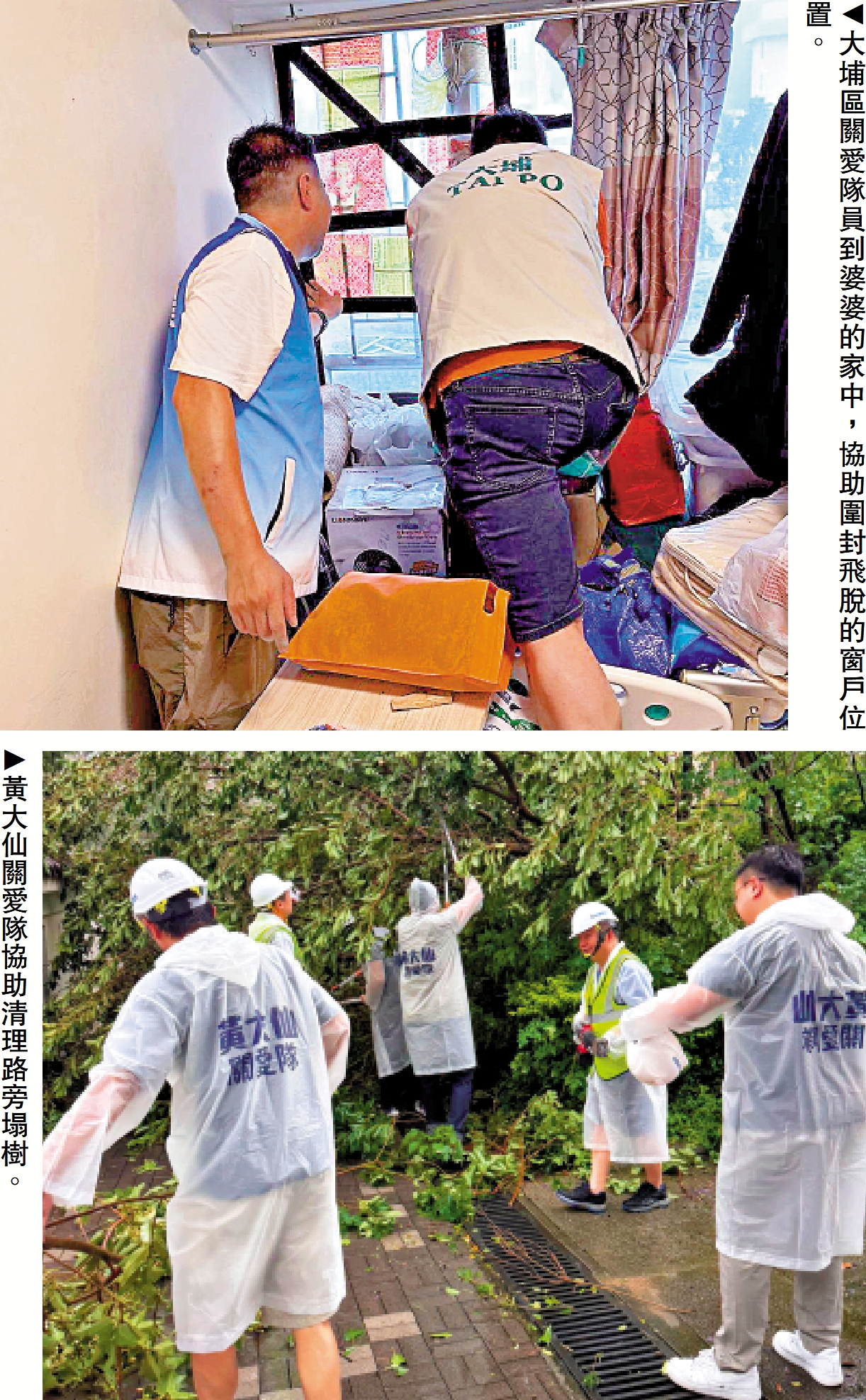 上圖:大埔區關愛隊員到婆婆的家中,協助圍封飛脫的窗戶位置。下圖:黃大仙關愛隊協助清理路旁塌樹。
