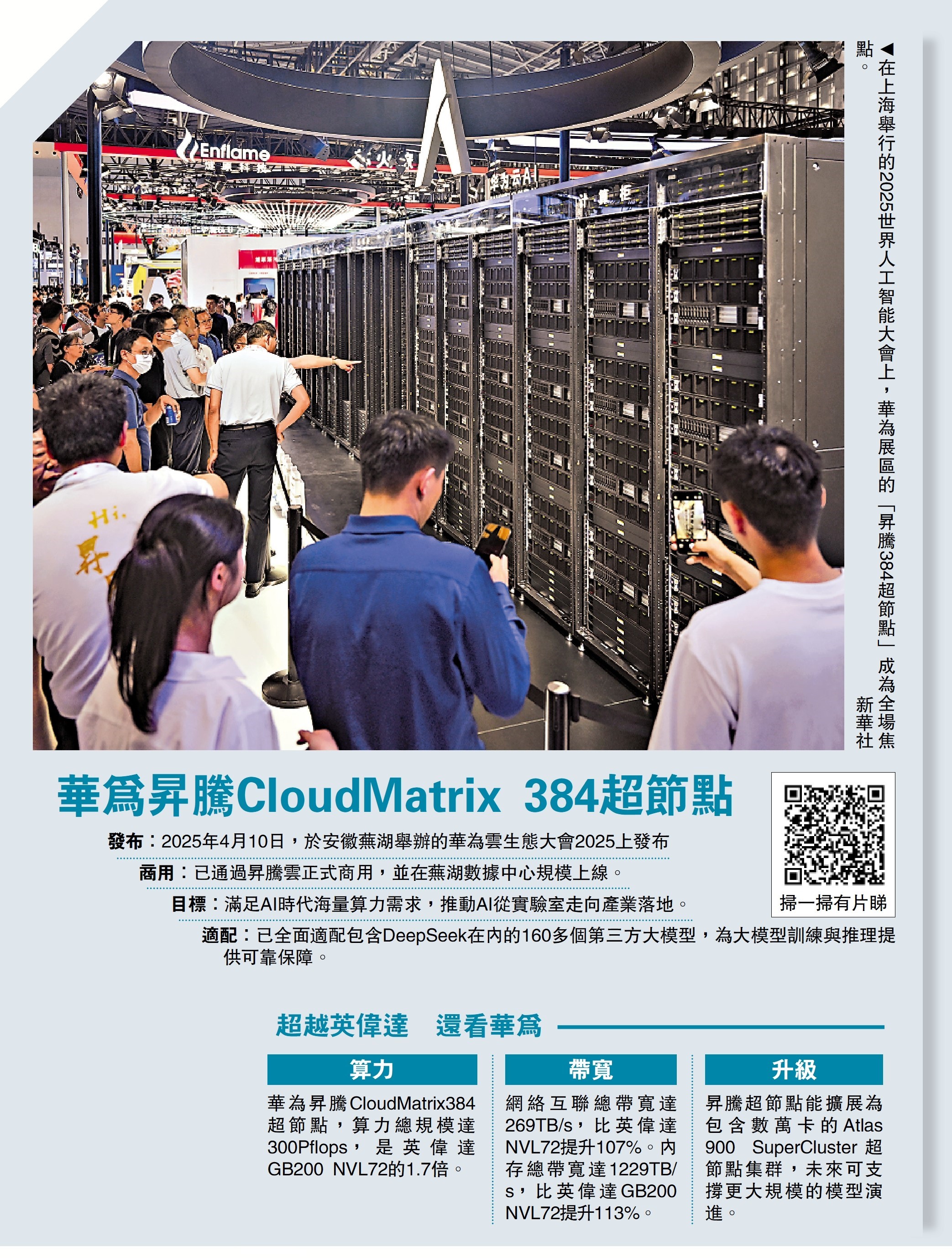 　　圖：在上海舉行的2025世界人工智能大會上，華為展區的「昇騰384超節點」成為全場焦點。\新華社