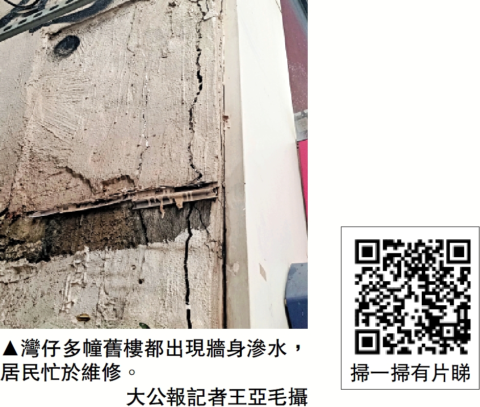 　　圖：灣仔多幢舊樓都出現牆身滲水，居民忙於維修。\大公報記者王亞毛攝