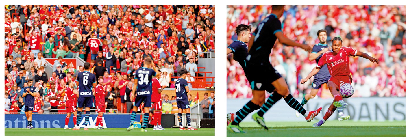 　　左圖：比賽進行至20分鐘時暫停，球迷及球員以掌聲和喝彩聲向祖達致敬。\路透社；右圖：尼古莫亞（右）替利物浦打破悶局。\路透社