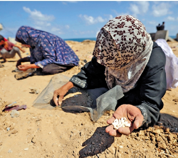 　　圖：加沙難民在空投救援物資後在地上尋找食物。\法新社