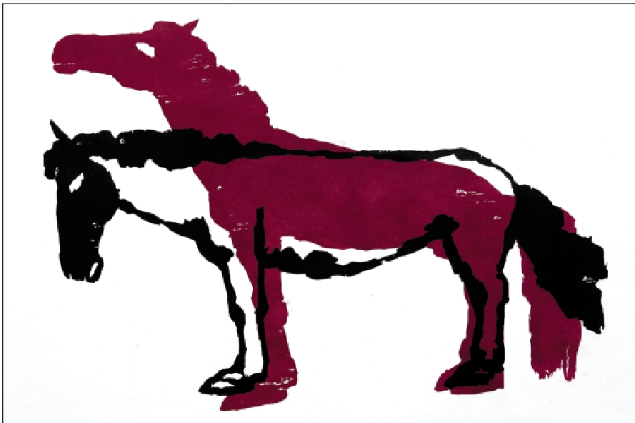 　　圖：影子與馬，木刻板畫，2024。