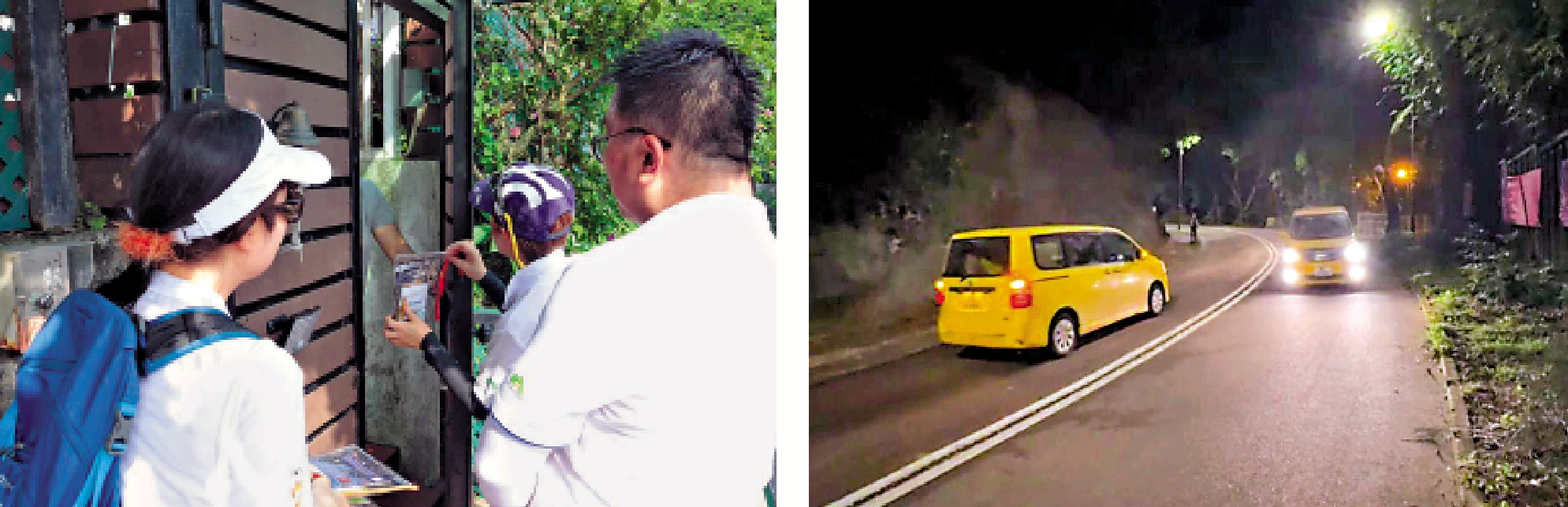 　　左圖：土力工程處人員向村民派發防災宣傳單張，提醒在暴雨時提高警覺。右圖：受山泥傾瀉影響的西貢北潭路昨晚已全線開通，恢復雙線雙程行車。