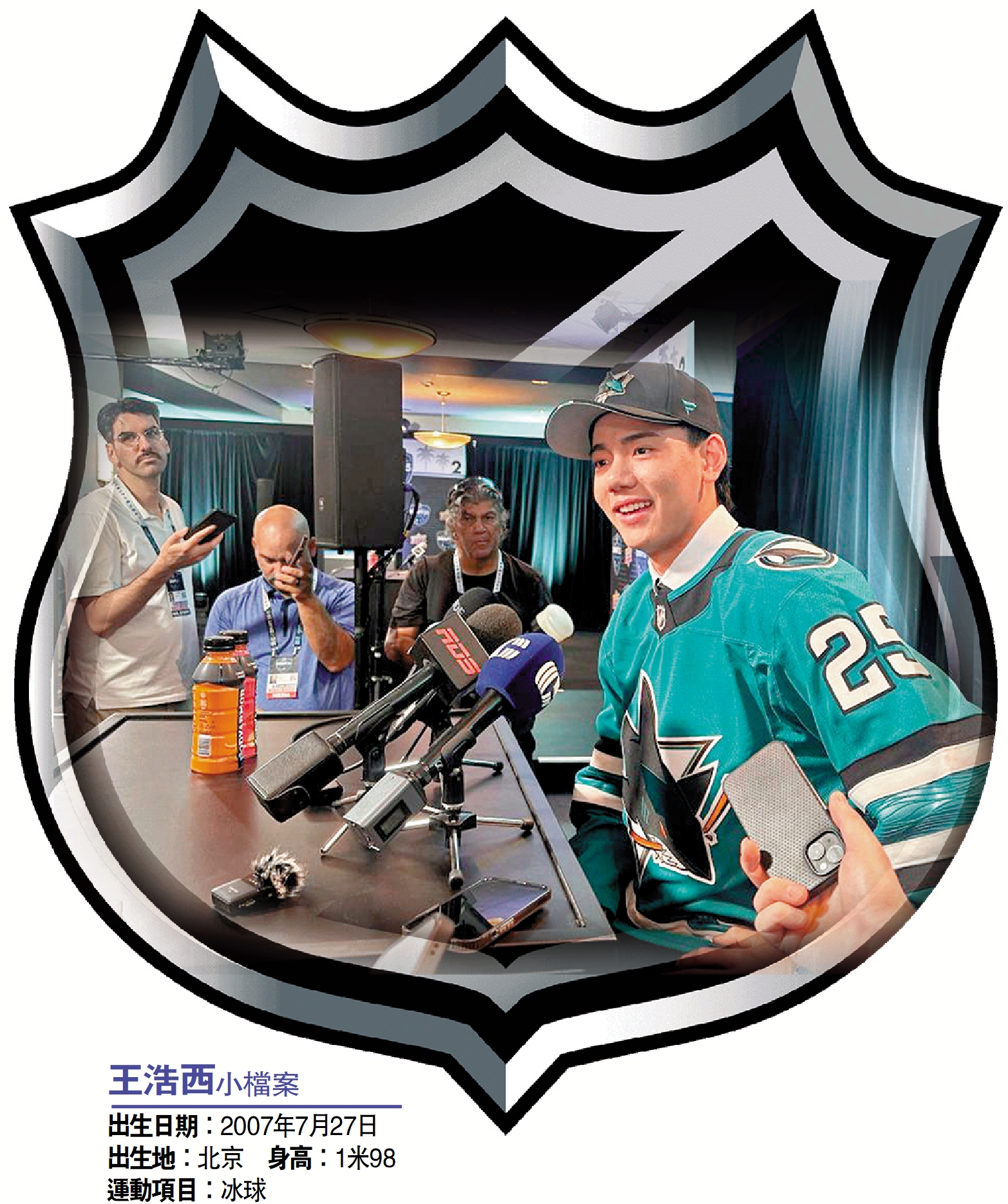 　　圖：王浩西（右一）在NHL選秀後的新聞發布會上回答記者提問。