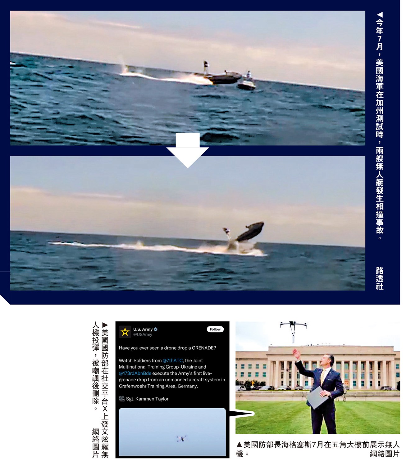 　　上圖：今年7月，美國海軍在加州測試時，兩艘無人艇發生相撞事故。\路透社；左下圖：美國國防部在社交平台X上發文炫耀無人機投彈，被嘲諷後刪除。右下圖：美國防部長海格塞斯7月在五角大樓前展示無人機。\網絡圖片