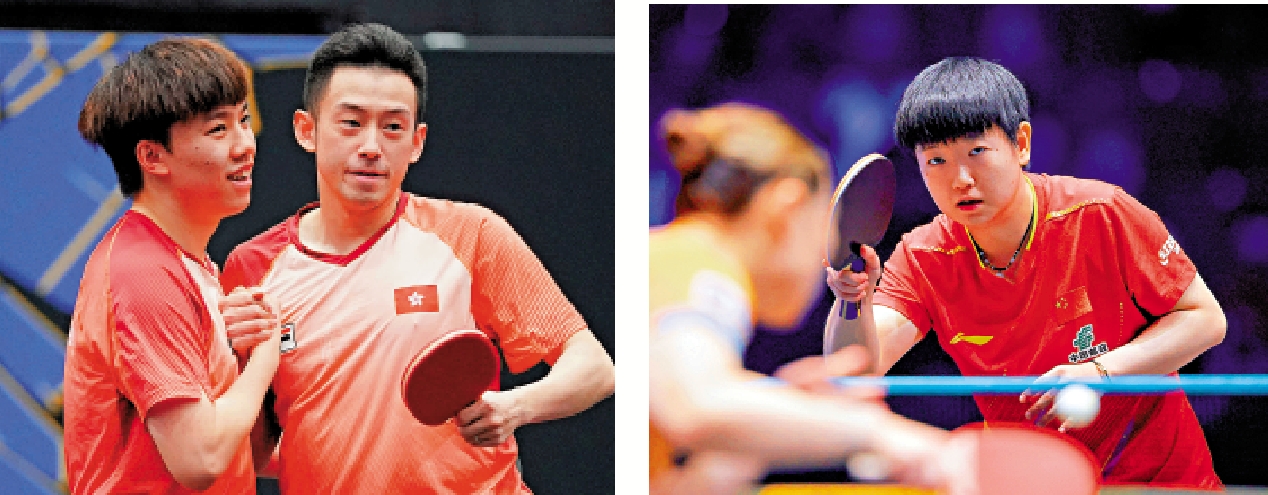 　　左圖：黃鎮廷（右）與陳顥樺慶祝得分。\賽會圖片；右圖：孫穎莎（右）在女單8強擊敗伊藤美誠。\賽會圖片