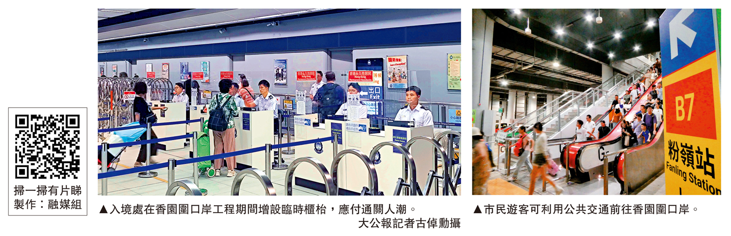 　　左圖：入境處在香園圍口岸工程期間增設臨時櫃枱，應付通關人潮。\大公報記者古倬勳攝；右圖：市民遊客可利用公共交通前往香園圍口岸。
