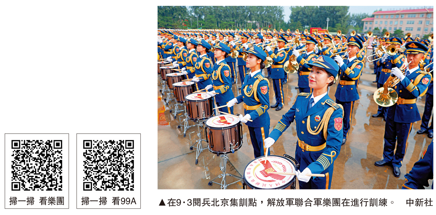 　　圖：在9·3閱兵北京集訓點，解放軍聯合軍樂團在進行訓練。\中新社