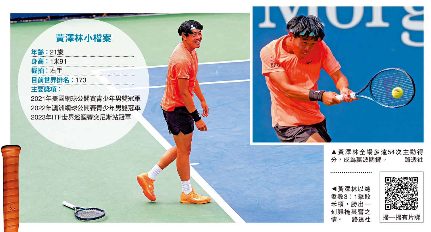 　　左圖：黃澤林以總盤數3：1擊敗禾頓，勝出一刻難掩興奮之情。\路透社；右圖：黃澤林全場多達54次主動得分，成為贏波關鍵。\路透社