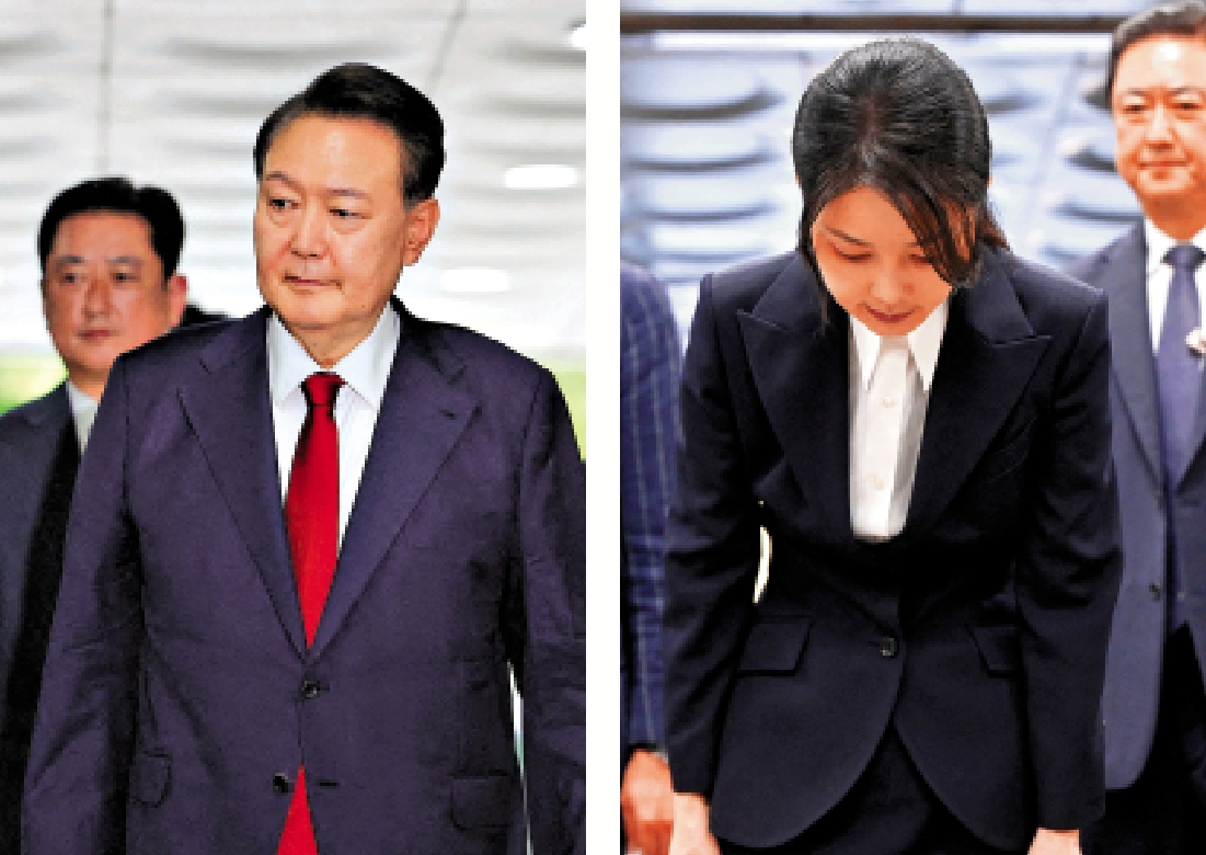 　　左圖：韓國前總統尹錫悅上月出庭。\路透社；右圖：尹錫悅夫人金建希本月中出庭前向民眾鞠躬。\路透社