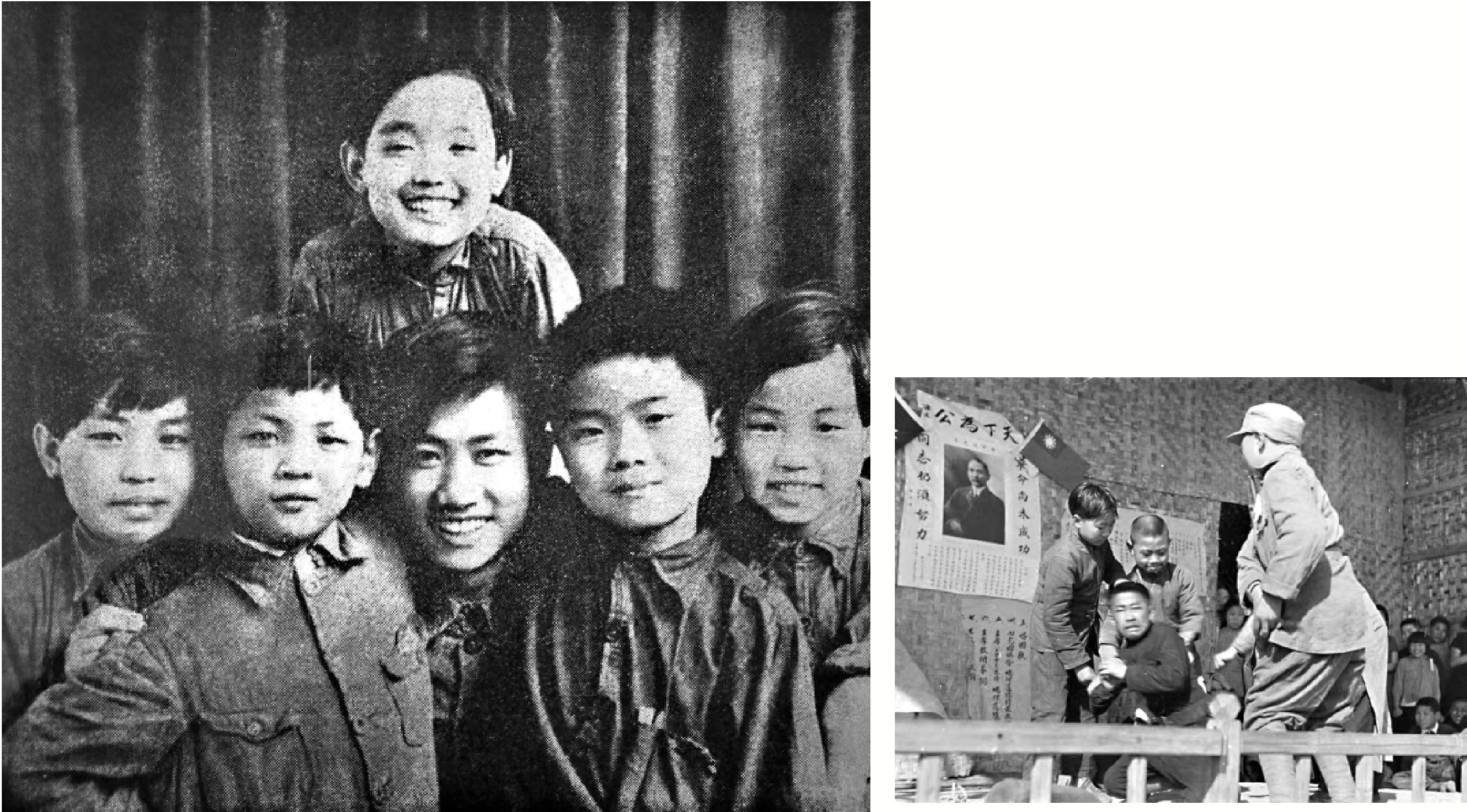 　　左圖：首任團長吳新稼（前排中）與孩子劇團成員。右圖：孩子劇團成員走上街頭演戲、唱歌、演講，以此宣傳抗日。