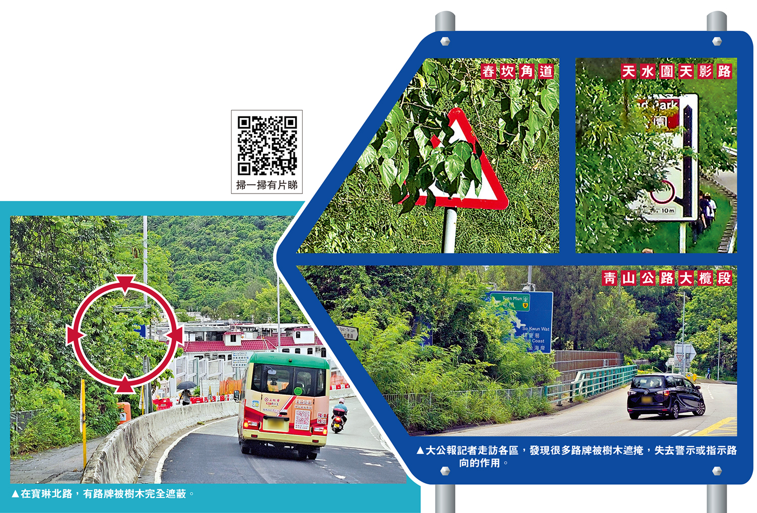 　　左圖：在寶琳北路，有路牌被樹木完全遮蔽。右圖：大公報記者走訪各區，發現很多路牌被樹木遮掩，失去警示或指示路向的作用。