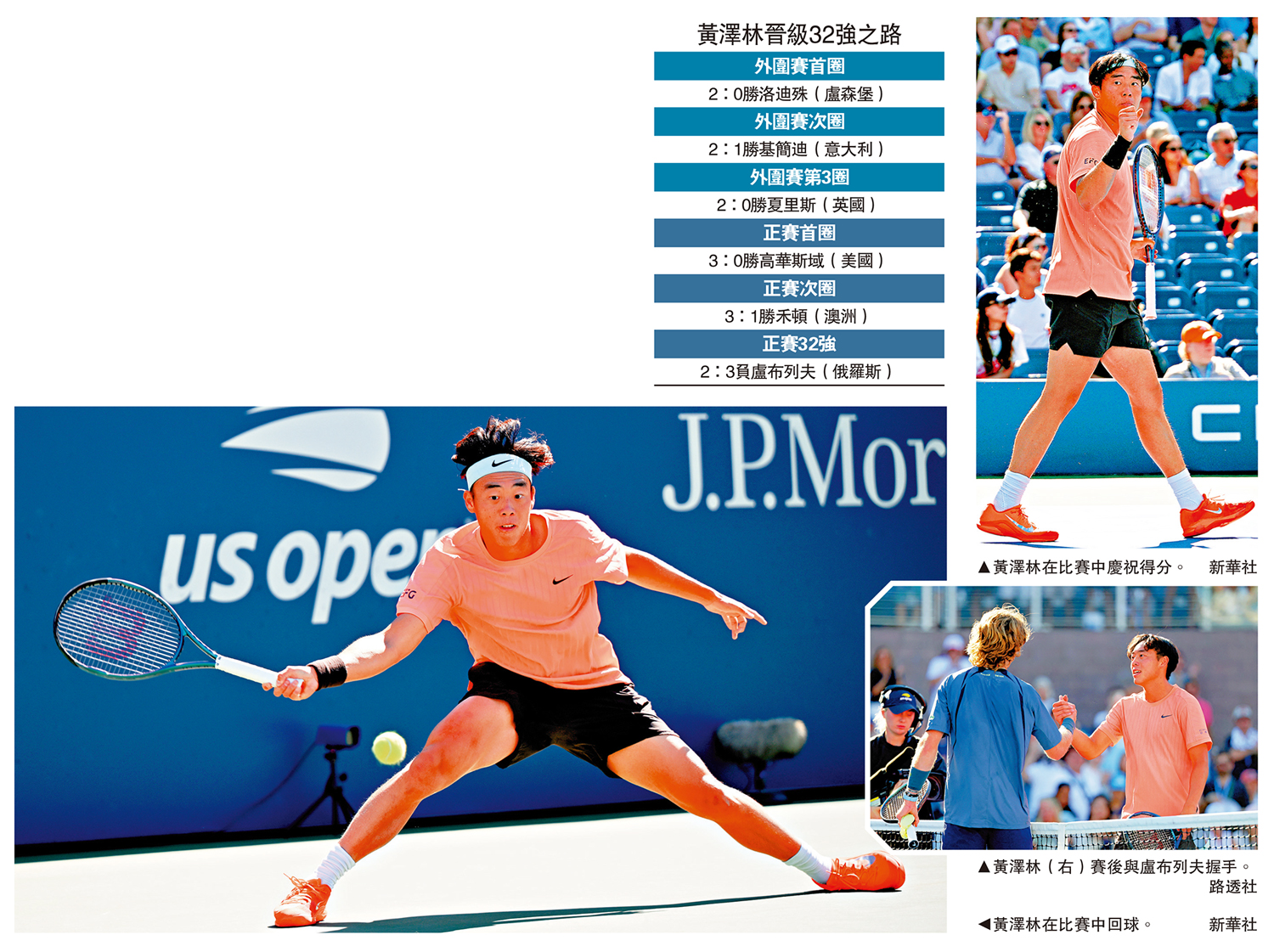　　左圖：黃澤林在比賽中回球。右上圖：黃澤林在比賽中慶祝得分。\新華社；右下圖：黃澤林（右）賽後與盧布列夫握手。\路透社