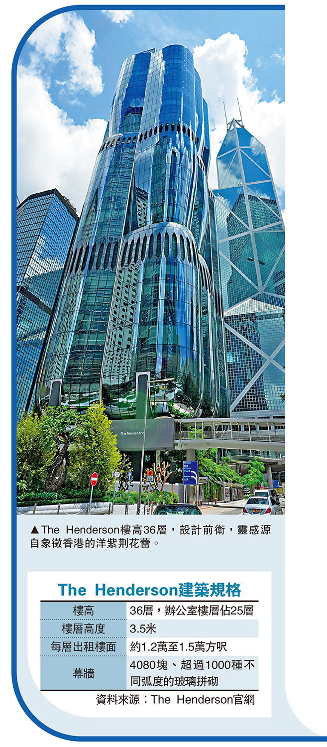 　　圖：The Henderson樓高36層，設計前衛，靈感源自象徵香港的洋紫荊花蕾。