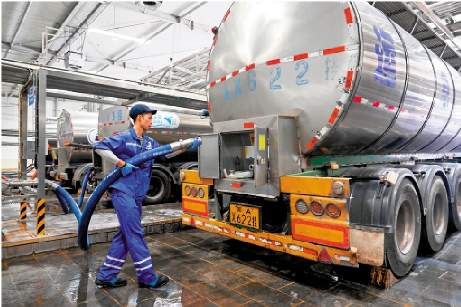 　　圖：內蒙古伊利現代智慧健康谷液態奶全球智造標桿基地內，工人在進行收奶作業。\新華社